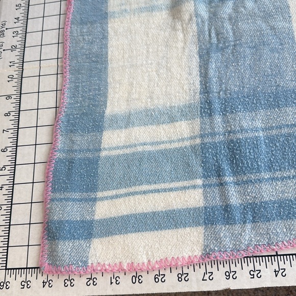 Vintage Baby Textiles Lot – Worn Blue/Pink Plaid Blanket, Satin-Edged Burp Cloth - Picture 5 of 16